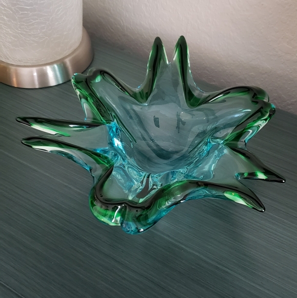 Vintage Handblown Green & Blue Glass Art Deco Mid-Century Modern Ashtray Bowl - Picture 9 of 12